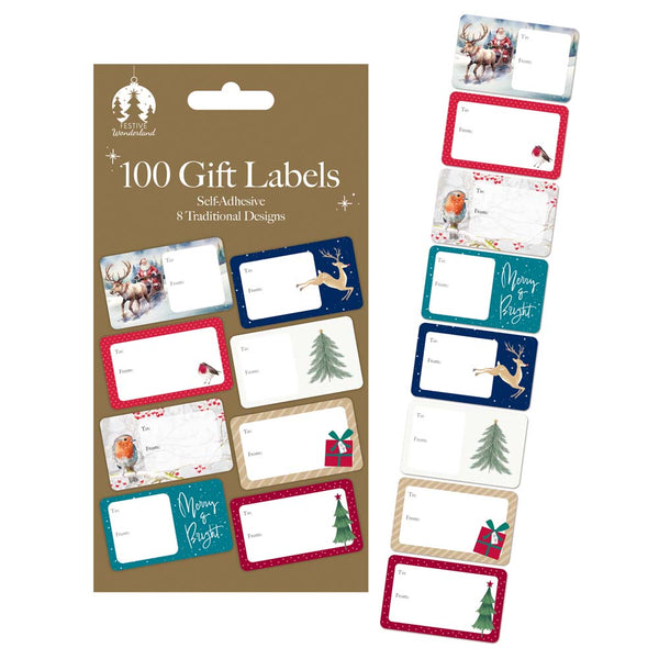 Christmas Self-Adhesive Gift Labels | Pack of 100, 8 Traditional Designs