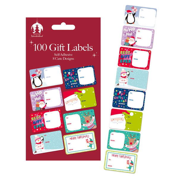Christmas Assorted Self-Adhesive Gift Labels | Pack of 100, 8 Designs