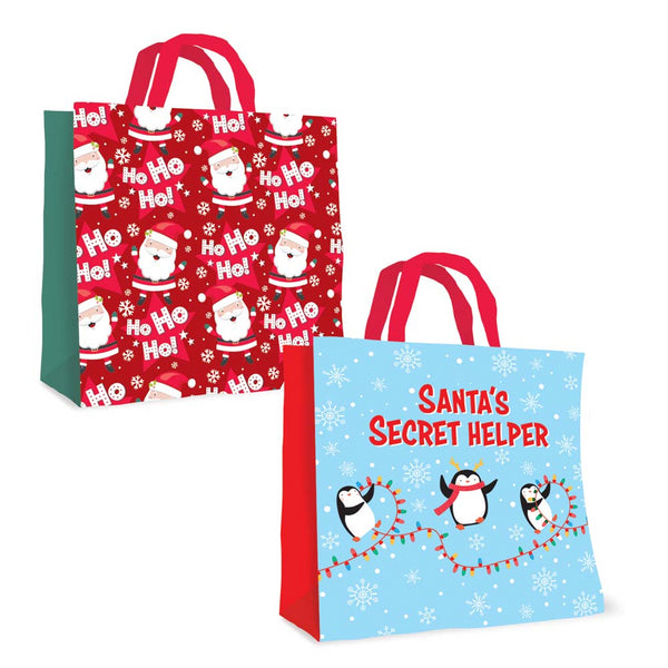 Christmas Reusable Non-Woven Gift Bag | Santa and Penguin Designs, Red Handles