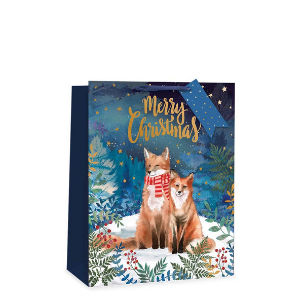 Christmas Woodland Foxes Large Gift Bag | Gold Script, Reinforced Handles