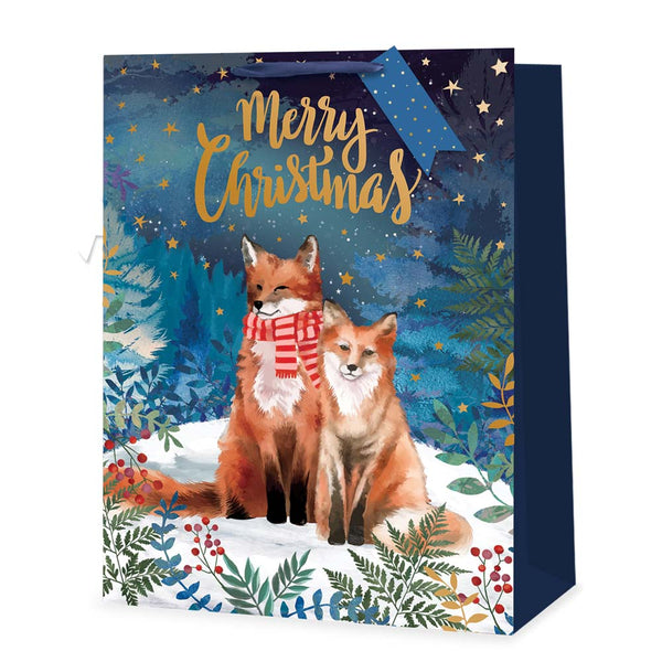 Christmas Woodland Foxes Gift Bag | Extra Large, Ribbon Handles