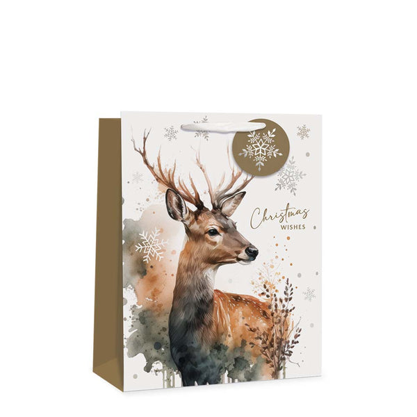 Christmas Watercolour Stag Gift Bag | Medium, Ribbon Handle, Gold Snowflake Tag