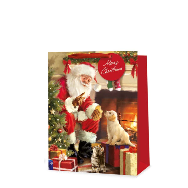 Christmas Traditional Santa Gift Bag | Medium, Merry Christmas Tag, Red Handle