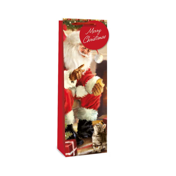 Christmas Santa Bottle Gift Bag | Wrap-Around Illustration, Red Ribbon Handles