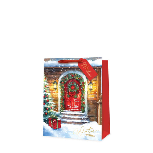 Christmas Winter Wishes Red Door Gift Bag | Medium, Gold Foil, Ribbon Tag