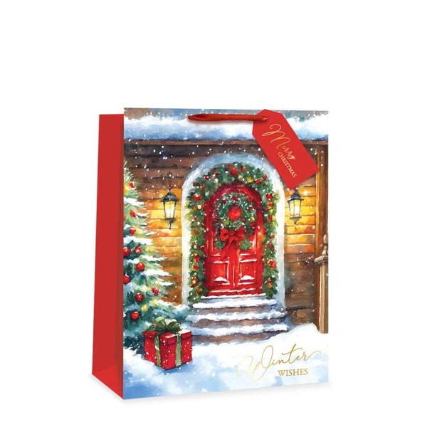 Christmas Festive Door Scene Gift Bag | Large, Red Ribbon Handles, Gold Foil