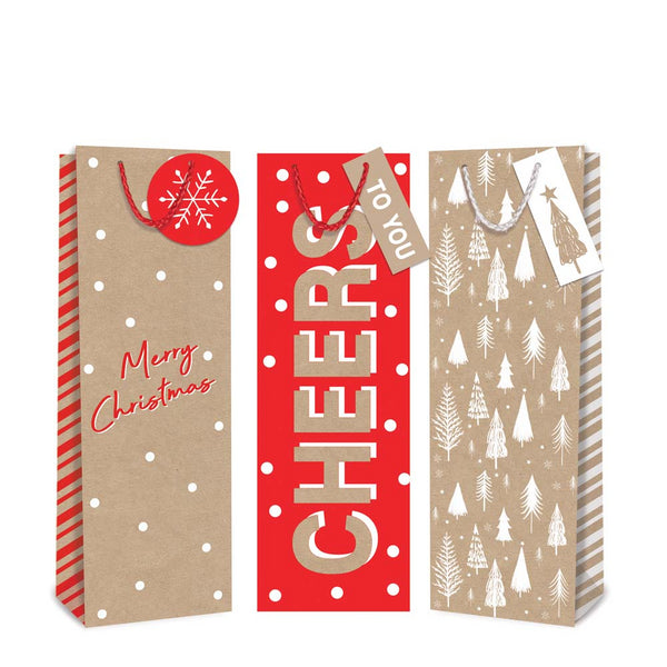 Christmas Kraft Bottle Gift Bags | Assorted Designs, Hanging Tags, Rope Handles