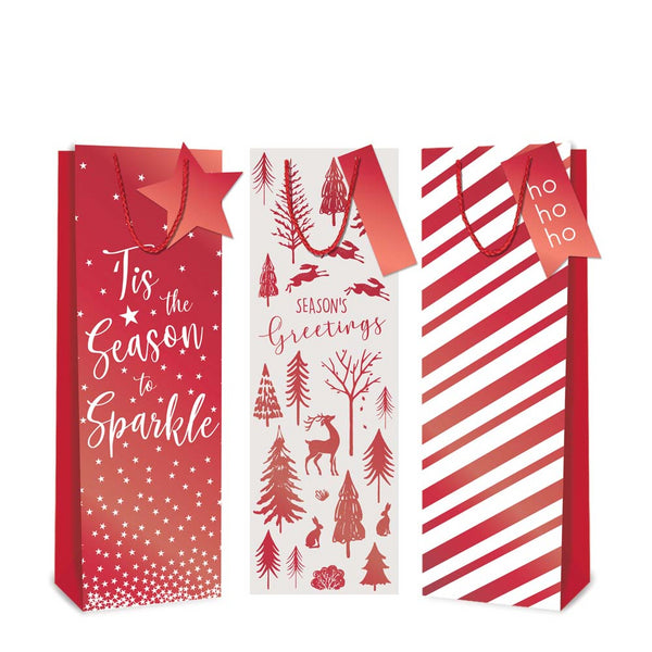 Christmas Red Foil Bottle Gift Bag | Assorted Designs, Rope Handles, Gift Tag