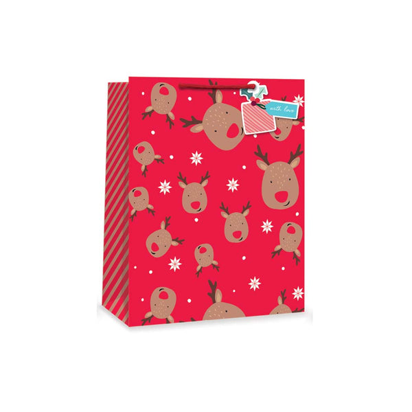 Christmas Red Reindeer Kids Gift Bag | Large, Gift Tag, Snowflake Accents