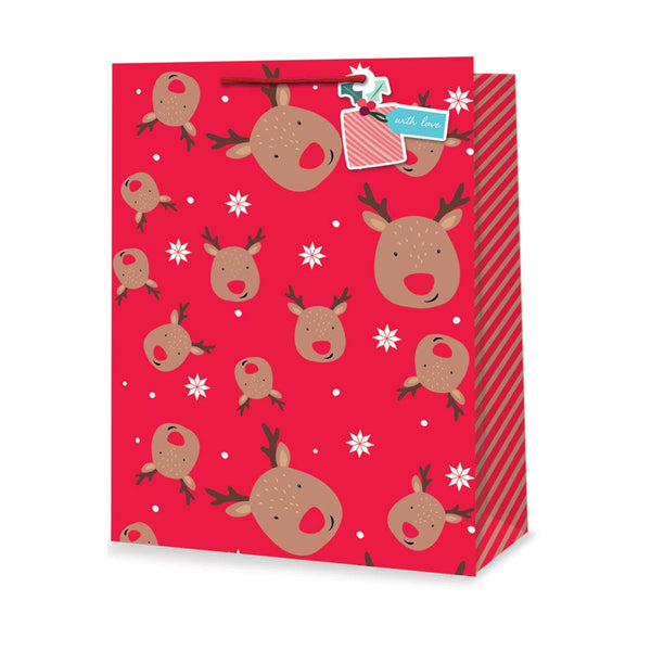 Christmas Reindeer Gift Bag | Extra Large, Red, with Gift Tag, Cord Handles