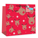 Christmas Reindeer Giant Square Gift Bag | Red, with Love Tag, Rope Handle