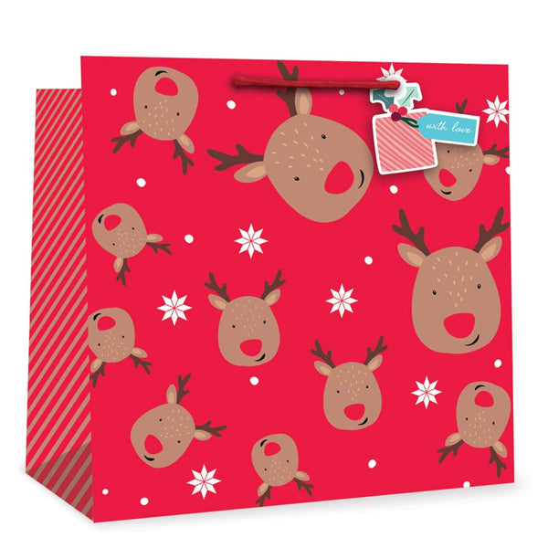 Christmas Reindeer Giant Square Gift Bag | Red, with Love Tag, Rope Handle