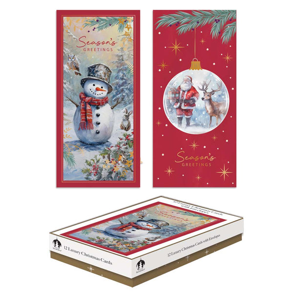Christmas Luxury Slim Boxed Christmas Cards | Pack of 12, Snowman and Santa