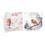 Christmas Robin Cards | Pack of 10, Square, Gold Foil, White Envelopes