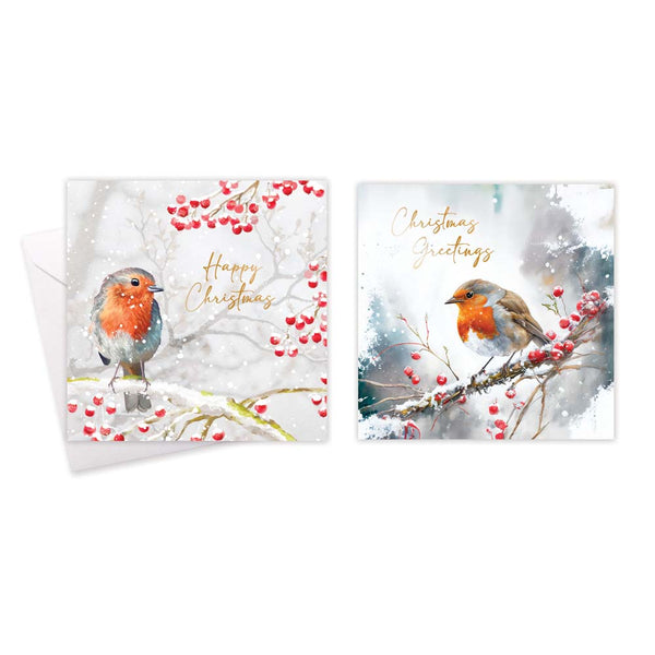Christmas Robin Cards | Pack of 10, Square, Gold Foil, White Envelopes