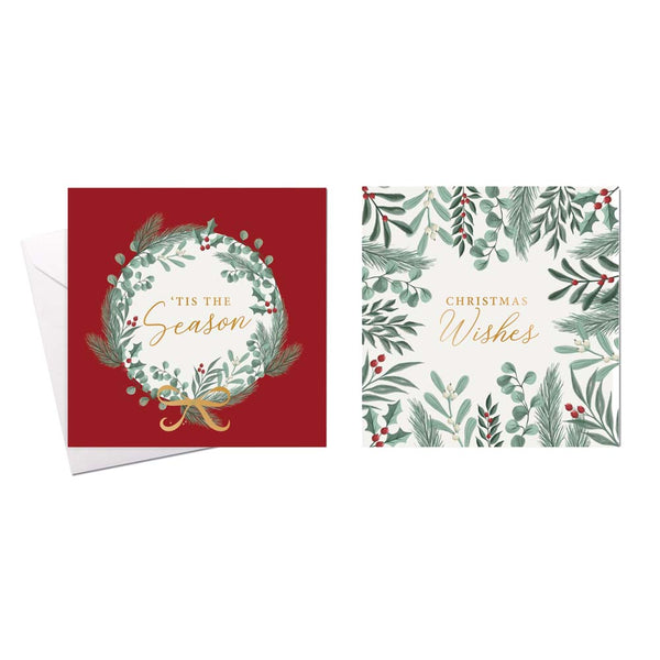 Christmas Wreath Christmas Cards | Pack of 10, Square, Gold Script