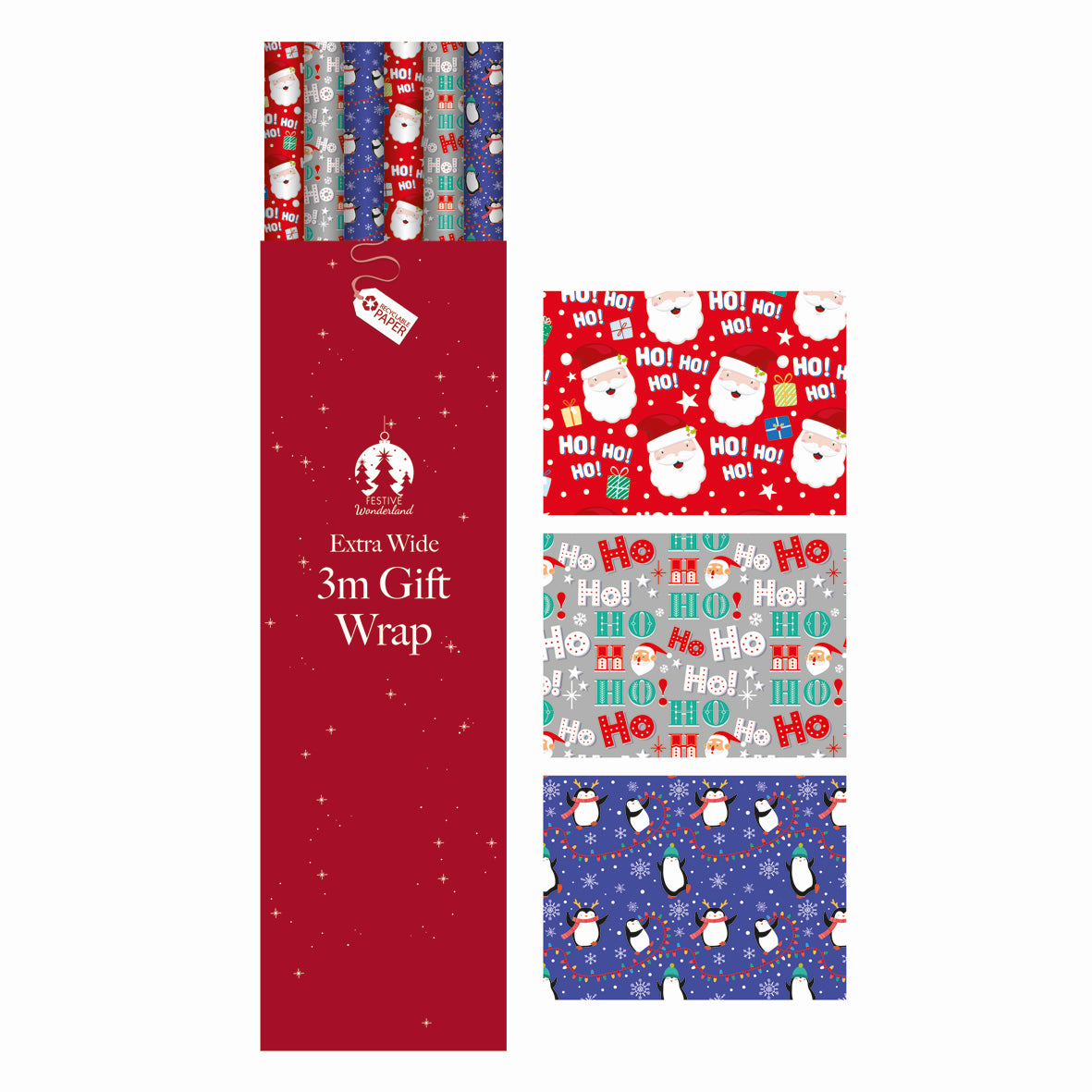 Tallon Extra Wide Christmas Gift Wrap | 3m, Santa & Penguin Prints, Recyclable
