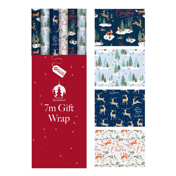 Tallon Country Woodland Christmas Wrapping Paper | 7m, Navy, Light Blue, White