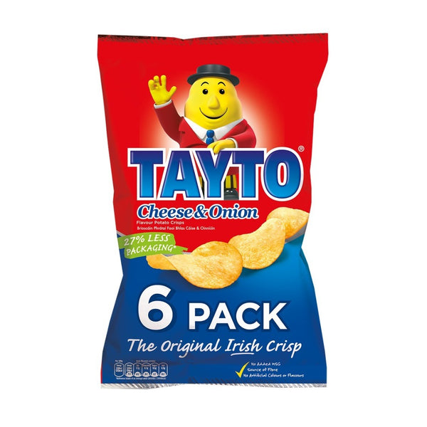 Tayto Irish Cheese & Onion Potato Crisps - Pack of 6, 150g, No Added MSG