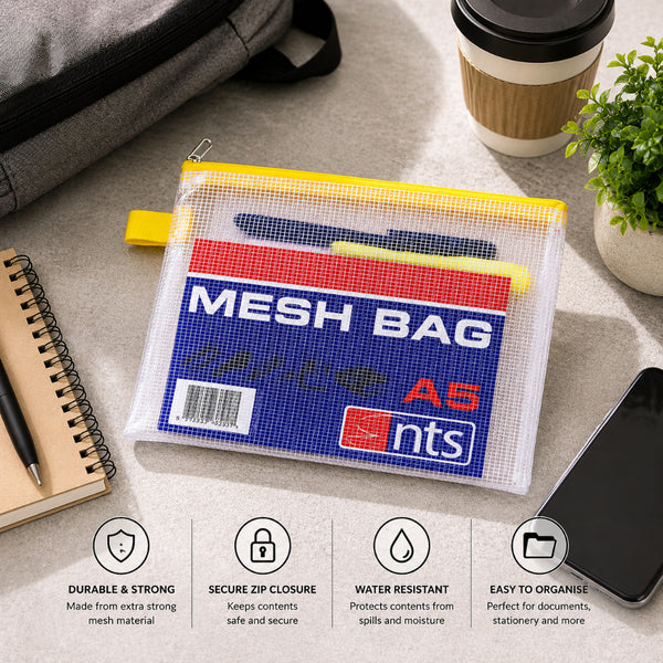 Durable Mesh Zip Document Bag | A5, Water-Resistant, Yellow Edge
