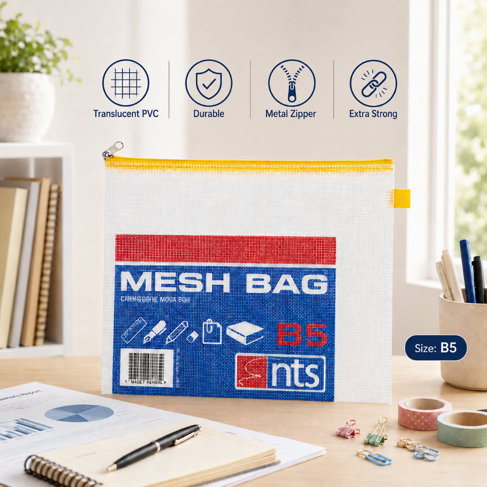 B5 Mesh Document Organiser Bag with Zip - White, Yellow Trim, Durable