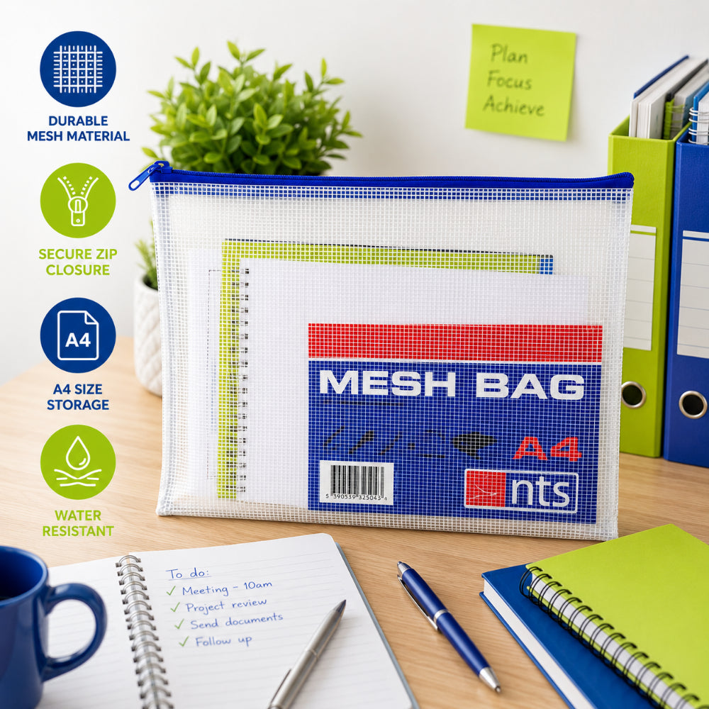 Durable A4 Mesh Document Bag with Zipper | Water-Resistant, Blue Edge