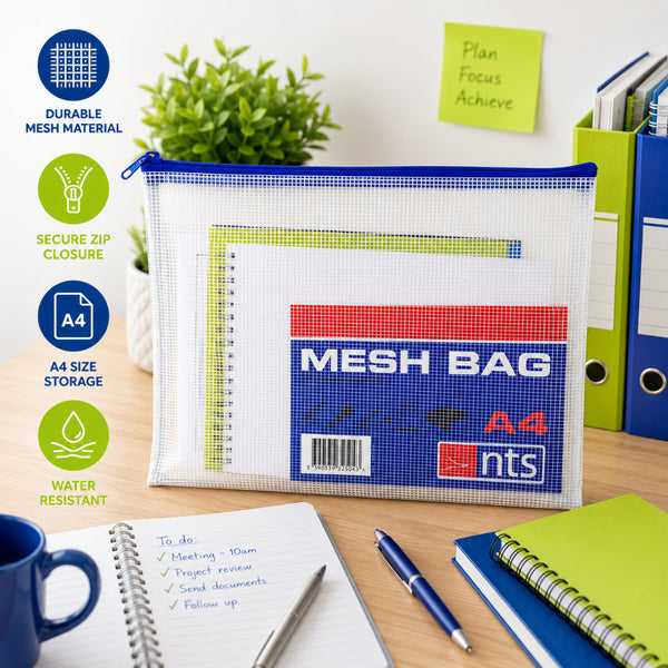 Durable A4 Mesh Document Bag with Zipper | Water-Resistant, Blue Edge