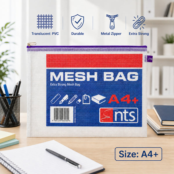 A4+ Durable Mesh Document Bag with Zipper - Transparent, Purple Trim
