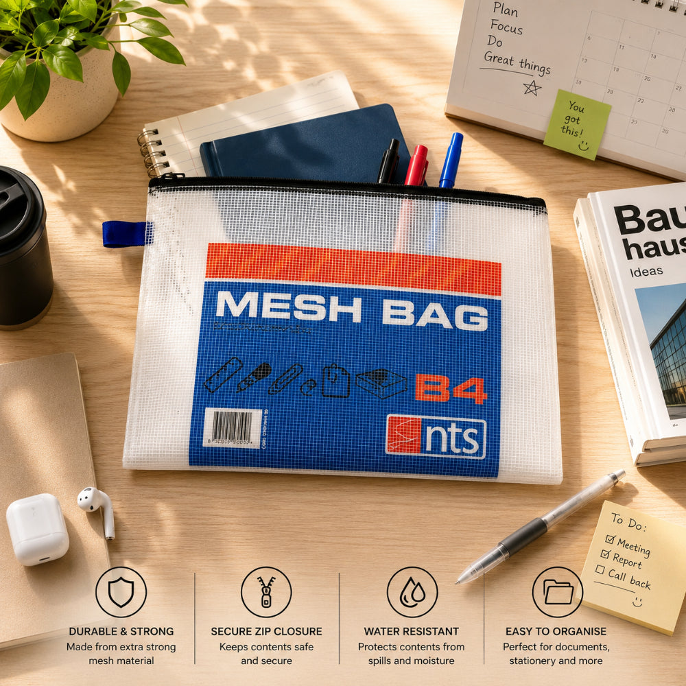 Durable Mesh Document Bag with Zip | B4, Water-Resistant, Blue, Red and White