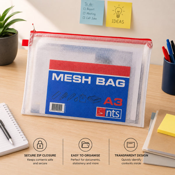 A3 Transparent Mesh Document Bag with Zip Closure | Red Trim, Durable