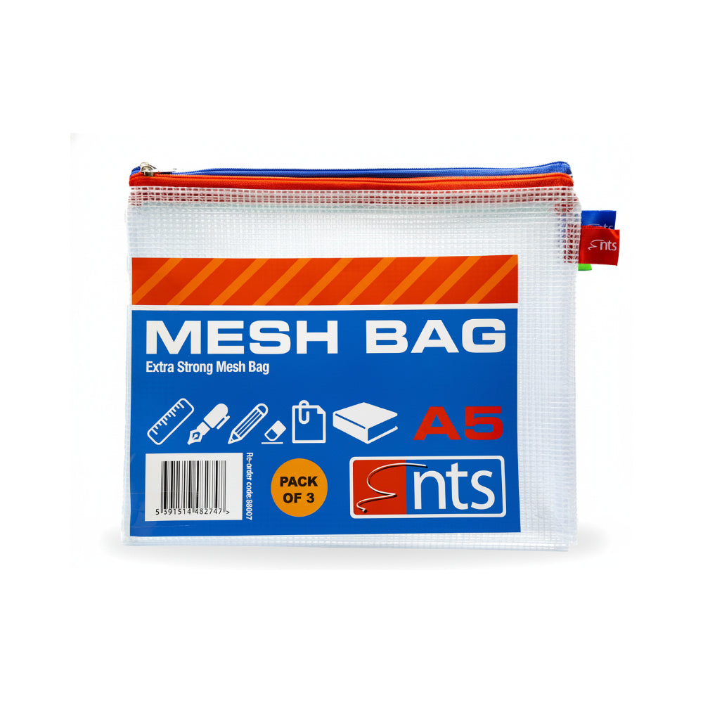 A5 Durable Mesh Zip Storage Bag | Pack of 3, Assorted Zip Colours