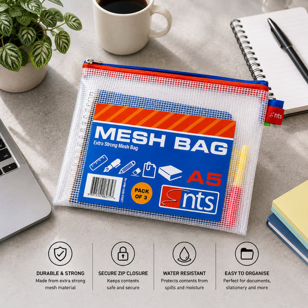 A5 Durable Mesh Zip Storage Bag | Pack of 3, Assorted Zip Colours