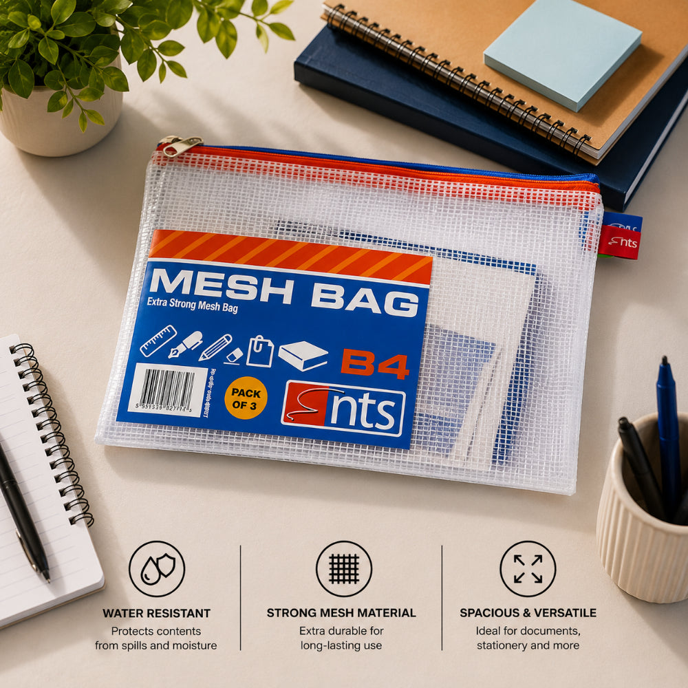 Durable B4 Mesh Zip Document Bags | Pack of 3, Assorted Colours
