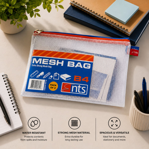 Durable B4 Mesh Zip Document Bags | Pack of 3, Assorted Colours