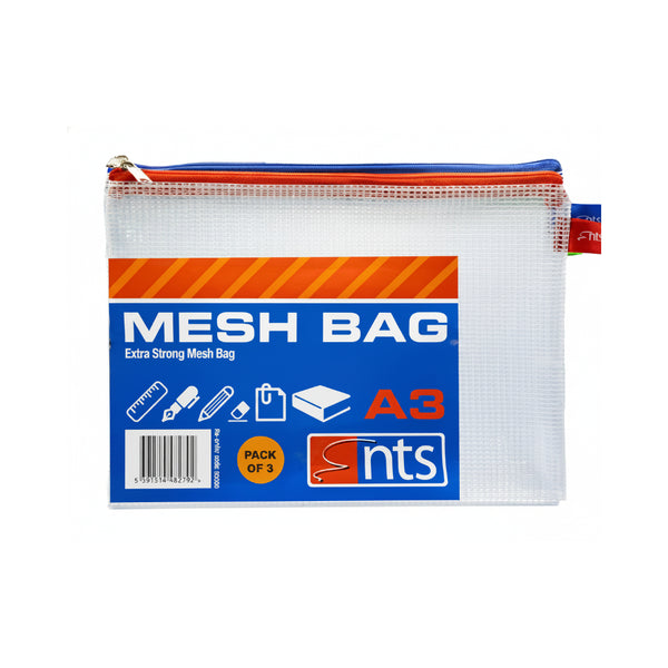 Durable A3 Mesh Document Storage Bags with Zip | Pack of 3, Assorted Zip Colours
