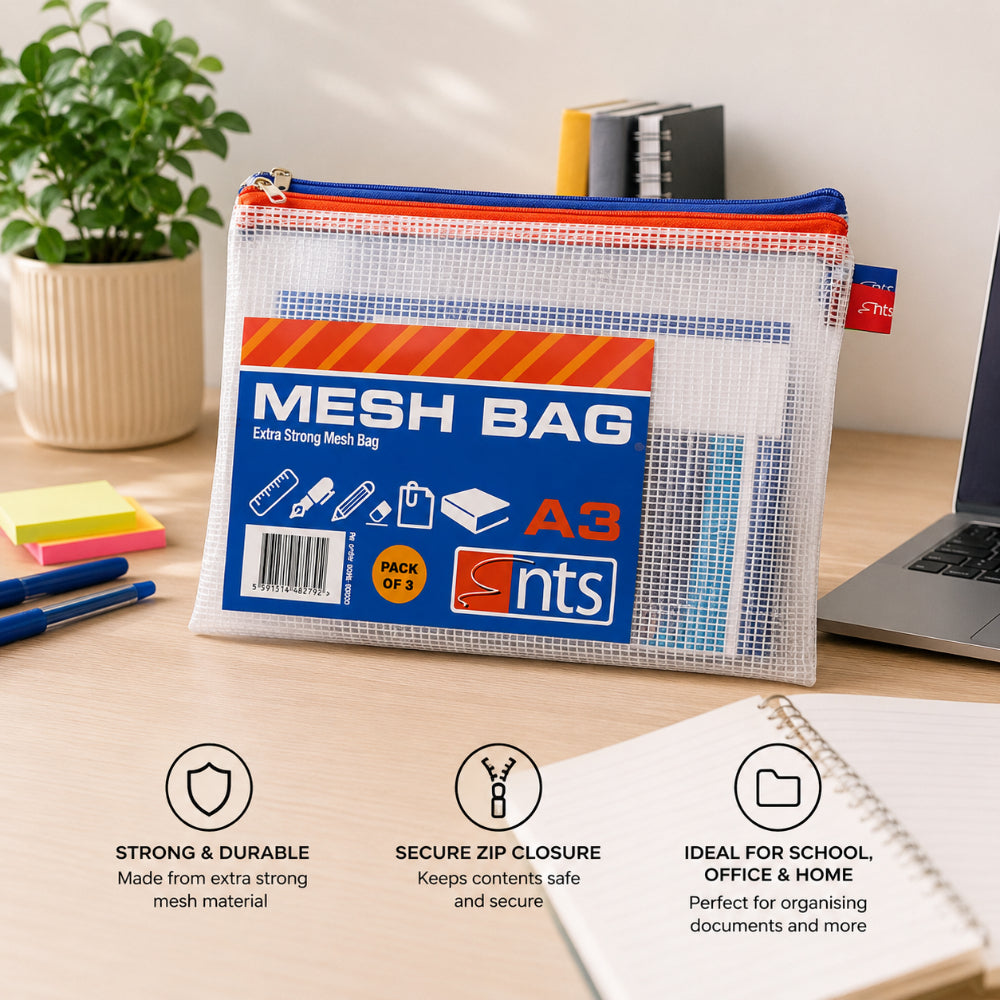 Durable A3 Mesh Document Storage Bags with Zip | Pack of 3, Assorted Zip Colours