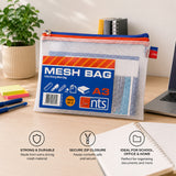 Durable A3 Mesh Document Storage Bags with Zip | Pack of 3, Assorted Zip Colours