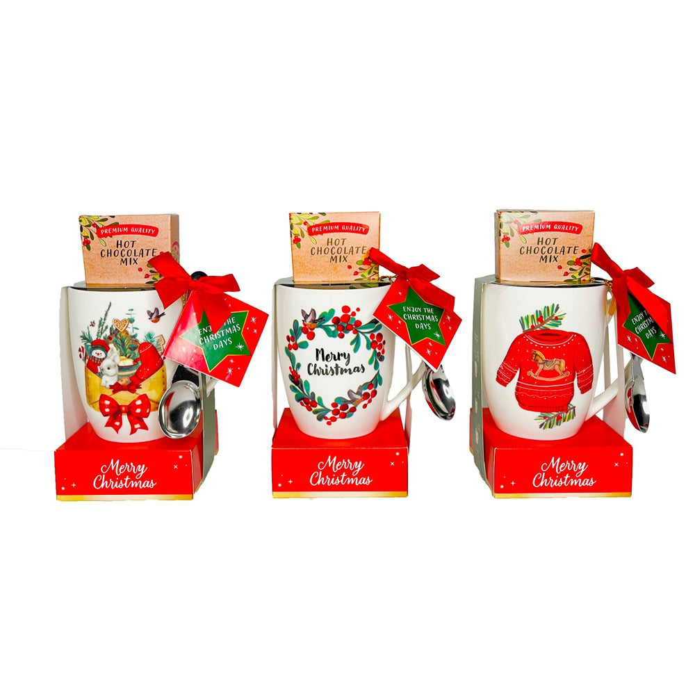 Christmas Hot Chocolate Mug Gift Set | 20 g Sachet, with Spoon, Assorted Designs