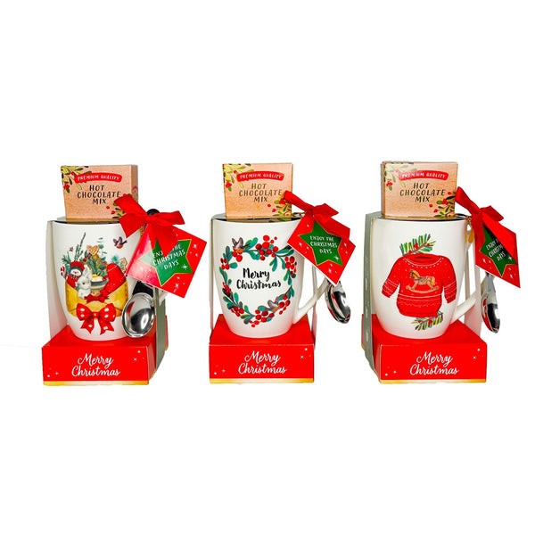 Christmas Hot Chocolate Mug Gift Set | 20 g Sachet, with Spoon, Assorted Designs
