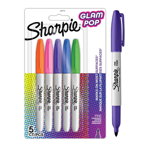 Sharpie Glam Pop Permanent Marker Set | Fine Point, 5 Vibrant Colors
