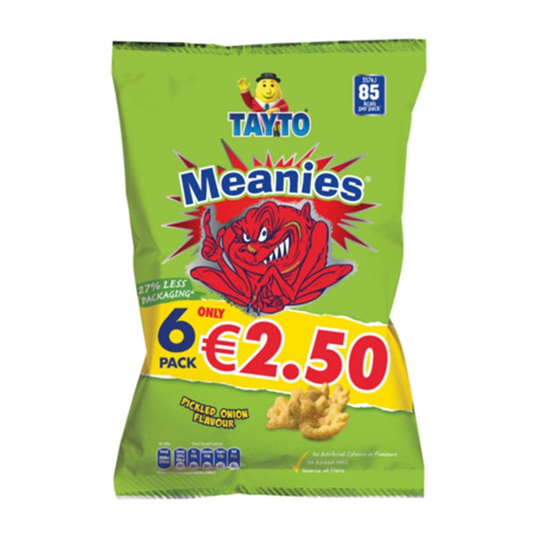 Tayto Meanies Pickled Onion Snacks - Pack of 6, 102g, €2.50 Price Marked
