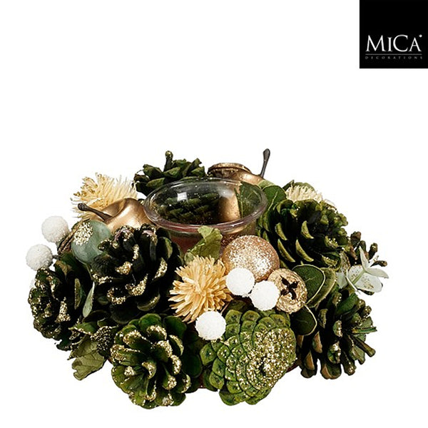 Christmas Green Pinecone Tealight Candleholder | Glass, Gold Glitter, 19 cm