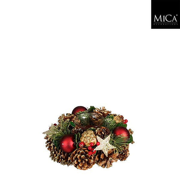 Christmas Pinecone Candleholder Red Centrepiece | 19cm Diameter, Gold Accents