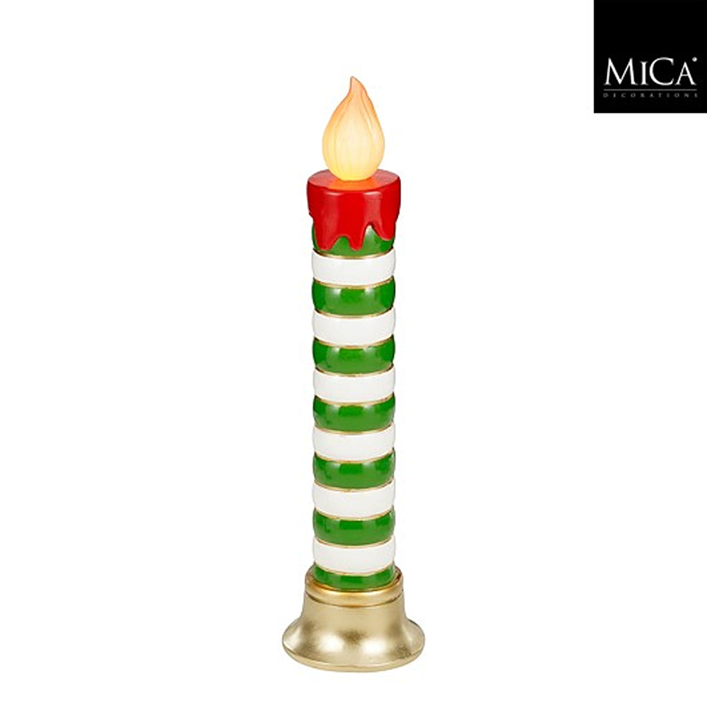 Christmas Tall Green and White Striped LED Candle | H 97 x 25cm, Gold Bell Base