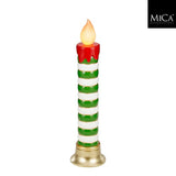Christmas Tall Green and White Striped LED Candle | H 97 x 25cm, Gold Bell Base