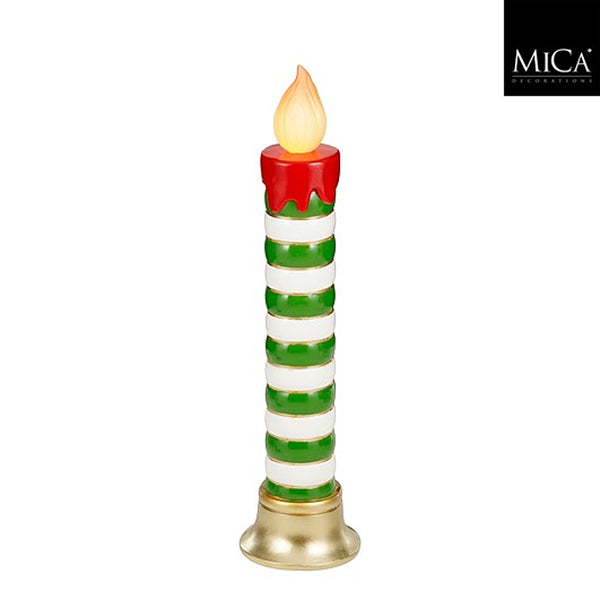 Christmas Tall Green and White Striped LED Candle | H 97 x 25cm, Gold Bell Base