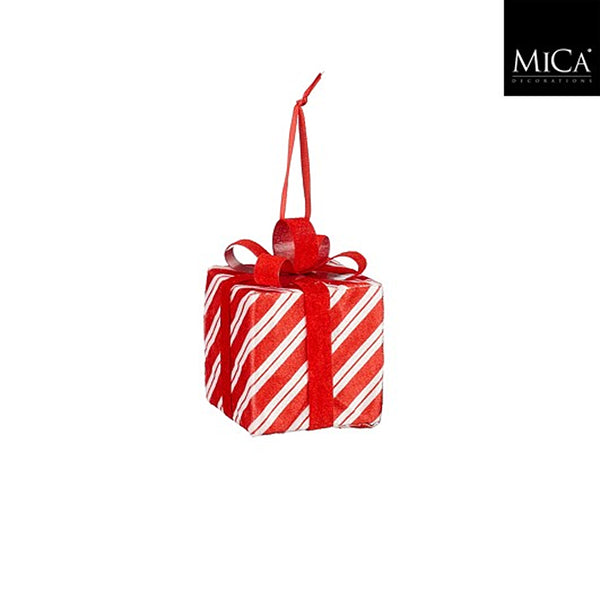 Christmas Red and White Stripe Present Ornament | 9 x 8cm, Sparkle Finish