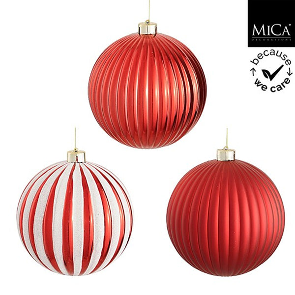 Christmas Red and White Ribbed Glitter Stripe Bauble Set | 15cm, Pack of 3