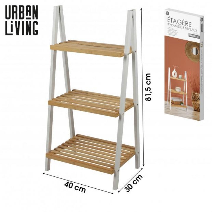 Urban Living Pyramid Design 3 Tier Shelf | Natural Wood, White Frame | 81.5cm x 40cm x 30cm