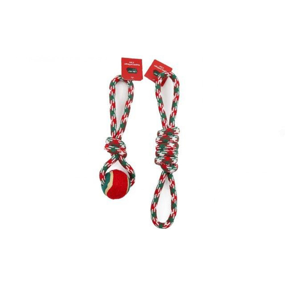 Christmas Rope Dog Tug Toy with Ball and Knot | 29 cm, Assorted Colours